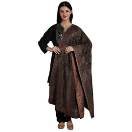 Exotic India Kani Jamawar Wool Shawl From Amritsar with Multicolor Woven Flowers on All-Over - Wool - Color Black Olive