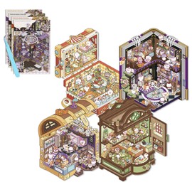 4Sets DIY 3D House Stickers Scene Make Your Own Sticker Multi Themed Magic Treasure Chest Funny Cartoon Scene Stickers for Relief Stress Pass The Time