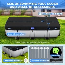 Holiwei 12x24 Ft Rectangular Pool Cover with Reflective Strips for Above Ground Pool, 420D Swimming Pool Cover for Rectangular or Oval Frame Pools, Solar Cover with Drawstring and Ground Nails