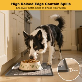 Pieviev Dog Cat Food Bowl Mat, Silicone Waterproof Food Grade Pet Food Mat for Floor, High Raised Edge to Prevent Spills, Non-Slip & Easy Clean Pet Placemat for Dog & Cat Bowls, 24''x16'', Dark Gray