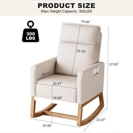 SAETSFEG Rocking Chair,Modern Glider with Storage Pockets,Comfortable Linen Fabric High Back Nursery Chair with Wood Legs for Baby Room,Living Room,Bedroom,Beige