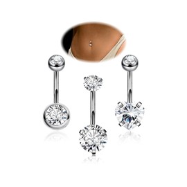 REVOLIA 3Pcs 14G F136 Titanium Belly Button Rings for Women Hypoallergenic Cubic Zirconia Navel Rings Heart Belly Rings Sliver Pretty Belly Piercing Barbells 6mm