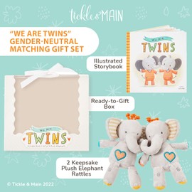 Tickle & Main We Are Twins 3-Piece Newborn & Infant Gift Set - Multicolor - Rhyming Baby Book & 2 Plush Elephant Rattles
