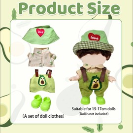 Mrltau 3 Pieces Cute Dolls Clothing Set in Avocado Style for 15/17 cm Vinyl Plush Doll, with Cord Dungarees, Leaf Shirt and Love Bucket Hat, Handmade Outfit Accessories