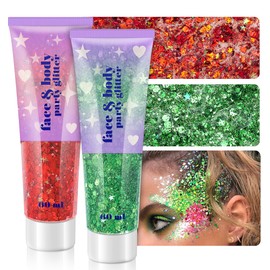 Holographic Body Glitter Gel, 120ml Face Shimmer Makeup for for Hair, Face, Arm, Nail, Eyeshadow, 2 Jars Chunky and Powder Mixed Iridescent Sequins Party Glitter Gel for Rave Festival (Red & Green)