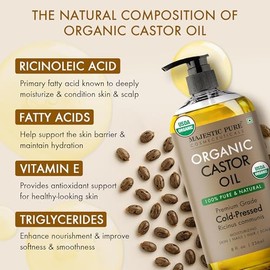 MAJESTIC PURE Usda Aceite De Ricino Orgánico | Sin Hexano Y 100% Puro | Prensado En Frío | Estimular El Crecimiento Del Cabello, Pestañas, Cejas, Uñas | Hidratante Y Nutritivo | Cuerpo, Cabe