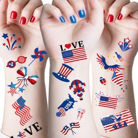 UOUYOO Fourth of July Temporary Tattoos 4th of July American Flag Red White and Blue Fake Tattoo Stickers for adult kids USA Party Favors Independence Day Decorations Party Supplies