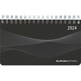 Horizontal Calendar Mini PP Cover Black 2024 - Office Planner 15.6 x 9 cm - Table Calendar - 1 Week 2 Pages - Ring Binding - Alpha Edition