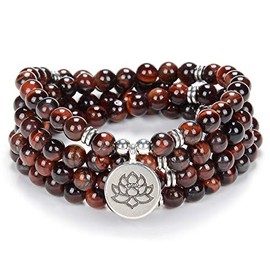 oasymala Chanting Mala Prayer Beads 108 Necklace Bracelet for Meditation with Tiny Lotus Flower Charm (Red Tiger Eye)