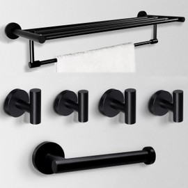 SEIDO 6 Pieces Black Bathroom Hardware Set, Bathroom Accessories Set 24 inch Round Black Towel Rack Toilet Paper Holder Towel Hooks Foldable SUS 304 Stainless Steel