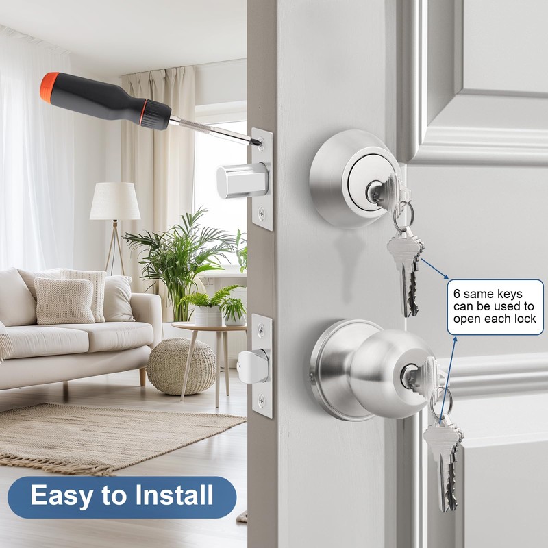 Knobonly Entry Door Knobs and Double Cylinder Deadbolt, Keyed Alike