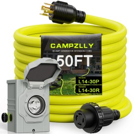 Campzlly 30 Amp Generator Cord 50FT and Power Inlet Box, NEMA L14-30P/L14-30R 125/250V Twist Lock Connector with Pre-Drilled NEMA L14-30P Generator Inlet Box for Generator to House, ETL Listed