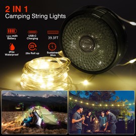 NEWCITY Camping String Lights, 2 in 1 Outdoor String Lights with 9 Lighting Modes, Quick Storage, Durable and Waterproof, USB Charging, Rechargeable String Lights for Camping Yard Hiking (39.3ft)