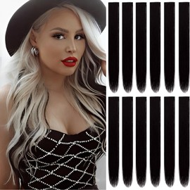 SoundZero Pack of 12 Hair Extensions, Straight Long Hairpieces, Black Hair Strands for Clip-in, Multi-Colour Hair Strands for Clip-in, Black Hairpiece Hair Strands for Clip-in