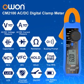 OWON CM2100 Mini medidor digital de abrazadera de rango automático, 20.000 abalorio de resistencia AC/DC probador de capacitancia múltiples funciones de medición NCV VFC diodo protección contra sobrecarga multímetro verdadero RMS