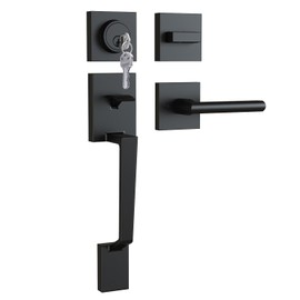 Ohuhu Front Door Lock Set, Heavy Duty Upgraded Front Door Handle Black Locksets with Deadbolt - Entry Exterior Door Handle Sets Single Cylinder Reversible Lever Matte Finish Zinc Alloy Modern Style