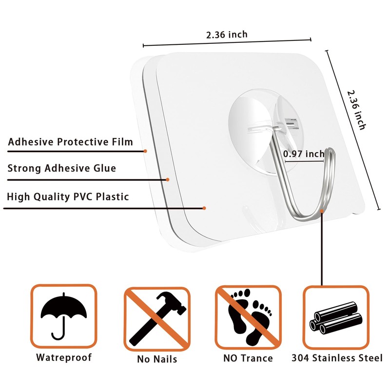 Large Adhesive Hooks for Hanging Heavy-Duty 44Ib(Max) 20 Packs, Wall