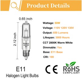 Nioclerce JD E11 Halogen Bulb 50W 120V 650LM, 4 Pack High Output E11 Dimmable Halogen Candelabra Bulb 2800K Warm White, Long Lifespan T4 120V Flood 50w with T4 Mini Base for Chandeliers, Ceiling Fan