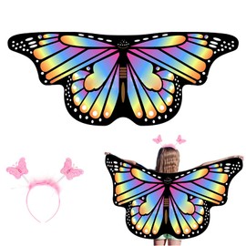 EQLEF Kids Butterfly Wings Cape, Butterfly Fairy Wings with Headband Kids Butterfly Cloak Costume Butterfly Dress Up for Girls Fancy Dress Party Play Party Favor 3-8 Years Old (Rainbow color)