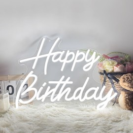 Happy Birthday Neon Sign for Wall Decor, Led Signs with Dimmable Switch, USB Powered Happy Birthday Backdrop Light Up Signs for Party Decorations, 16.1"x12.2"White