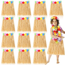 Wettarn 12 Pcs Hawaiian Hula Grass Skirts for Kids Tropical Hula Skirts for Luau Party Girls Hawaiian Outfit Costume(Straw Color)