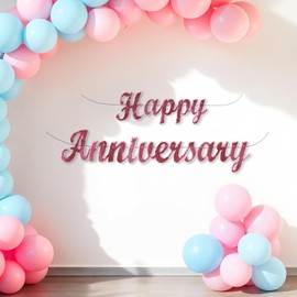 OyeHappy Happy Anniversary Banner – Pre-Strung Red Glitter Metallic Decoration | No DIY Needed | Elegant Party Decor for Anniversary Celebrations, Photo Booth & Romantic Setup