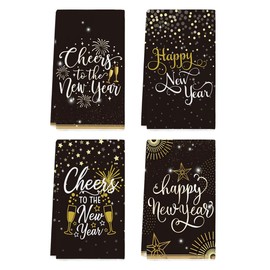 Artoid Mode Champagne Happy New Year Kitchen Towels Dish Towels, 18x26 Inch Farmhouse Cheers Star Fireworks Decoration Hand Towels Set of 4