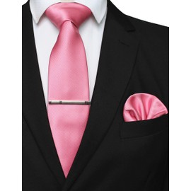 JEMYGINS Mens Silk Tie & Tie Clips & Pocket Bar Set, Pink, M, pink