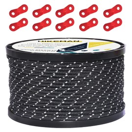 Hikeman 50m Reflective Guyline Solid Braid Nylon Camping Rope with Aluminum Adjuster Cord Tensioner Tent Accessory for Outdoor Travel,Hiking,Backpacking and Water Activities (Black, 3mm)