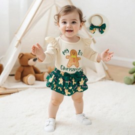 My First Christmas Baby Girl Outfit Long Sleeve Santa/Gingerbread Newborn Infant Romper Skirts Headband Socks Sets (Green, 0-3 Months)