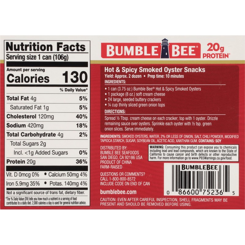 Bumble Bee Hot & Spicy Hardwood Smoked Oysters, 3.75 oz