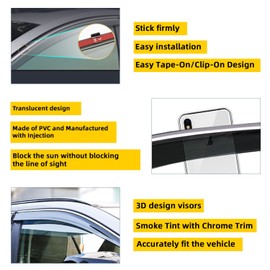 PLDDE 4X Window Visors Compatible With 2014-2021 Mazda 6 Smoke Tint With Chrome Trim Smoke Tint With Chrome Trim Outside Mount Tape On/Clip On Style PVC Sun Rain Guard Vent