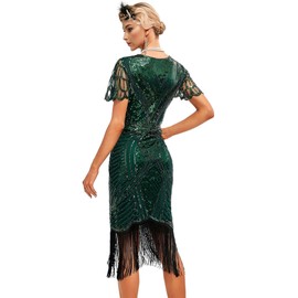 YENMILL 1920s Gatsby Inspired Sequin Beads Fringe Flapper Cocktail Roarings 20s Dress w/ 20s Headband Accessories Set