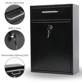 KYODOLED Steel Key Lock Mail Boxes Outdoor,Locking Wall Mount Mailbox,Security Lock Drop Box,Collection Boxes,16.2H x 11.22L x 4.72W Inches,Black X Large