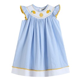 Lil cactus Baby and Girl Light Bue Striped Lemons Smocked Bishop Dress, 6-12 Months
