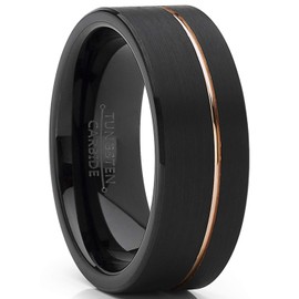 Metal Masters Co. Men's Black Tungsten Carbide Ring Wedding Band with Rose Goldtone Groove 8mm 15
