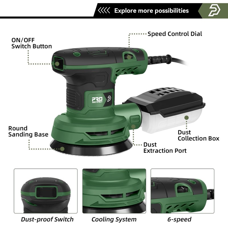 Prostormer 5-Inch Random Orbital Sander with 21PCS Sandpapers, 8000-13000RPM, 2.6AMP
