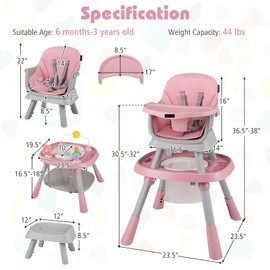KOTEK 16 in 1 Convertible High Chair, Baby Highchair & Activity Center with Toys, Booster Seat, Building Block Table, Toddler Chair with 5-Point Harness, Removable Tray & Cushion (Pink)