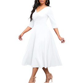 Nmoder Women's Casual Wrap Flared Midi Dress Wedding Guest Cocktail Tea Dresses A-Line Swing V-Neck 3/4 Sleeve White 2XL