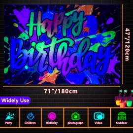 Graffiti Happy Birthday Backdrop - Colorful Graffiti Splash Paint Neon Happy Birthday Banner for Neon Party Decorations, Glow in The Dark, 3.9 x 5.9 ft
