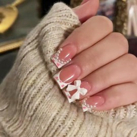 French Tip Press on Nails Square Medium Fake Nails with Small Flower Designs Short Coffin Nail Tips Full Cover False Nails 3D Bow Nails Press ons Cute Glossy Acrylic Nails for Women Manicure Tip 24Pcs