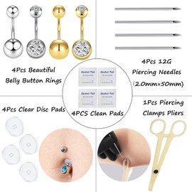 orilace Belly Button Piercing Kit, 12g Piercing Needle Kit Stainless Steel Belly Button Rings Piercing Clamp At Home Piercing Tool Navel Piercing Kit (G+S-Red)