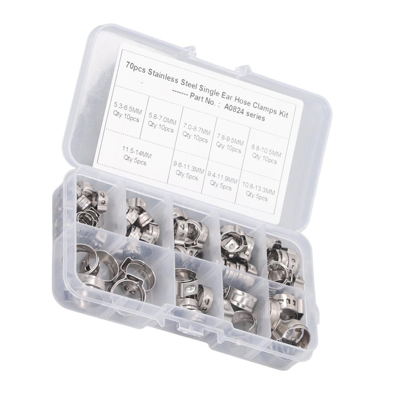 70Pcs Single Ear Hose Clamp Kit Stainless Steel Stepless 9