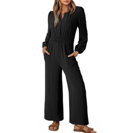 Dokotoo Womens Jumpsuits for Women Casual Solid Color Overalls Outfits 2025 Loose Fit V Neck One Piece Long Sleeve Dressy Jumpsuit Wide Leg Rompers with Pockets Black Large