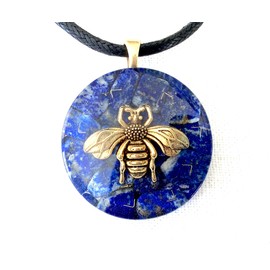 Orgone pendant necklace with golden Bee & Lapis Lazuli stones. Made in USA
