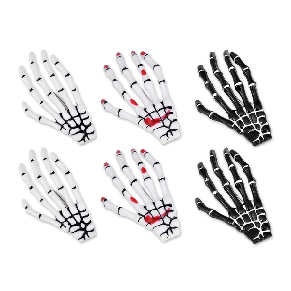 Korean Style Gothic Skeleton Hands Bone Hair Clips - Black and White Fashion Punk Rock Devil Claw Alligator Barrettes Women Girls Hair Accessories (White, Bloody and Black (3 Pairs))