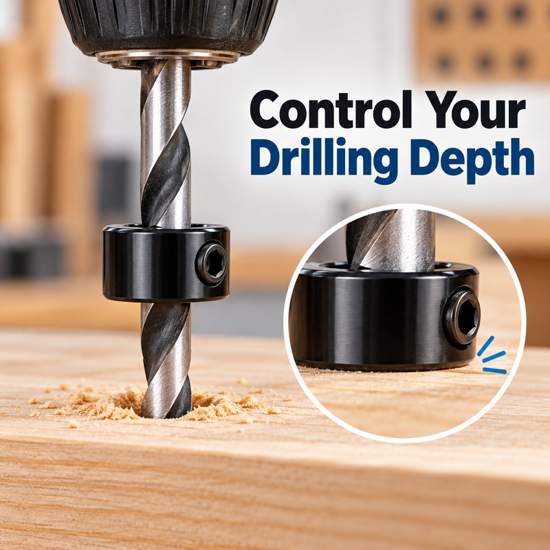 Drill Bit Depth Stop Collars for Woodworking – 8-Piece Adjustable