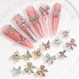 Butterfly Nail Charms Shiny Alloy Butterfly Nail Art Charms for Acrylic Nails Gold Silver Butterfly Nail Rhinestones Spring Summer Butterfly Nail Jewelry for Women and Girls DIY Nail Art Decoration