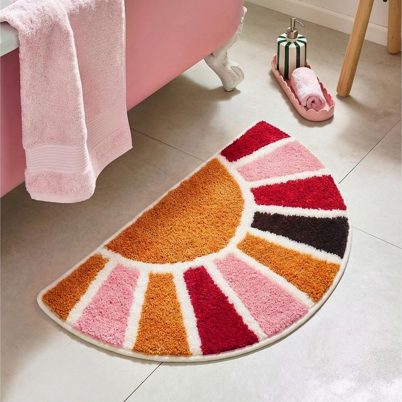 Boho Half Circle Bath Rug, Retro Sun Bathroom Rug Non