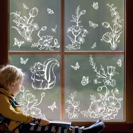 Tanlaby White Flowers Window Clings Squirrel Static Window Stickers Spring Summer Butterfly Double-Side Glass Decals Anti-Collision Decor for Living Room Kitchen Windows